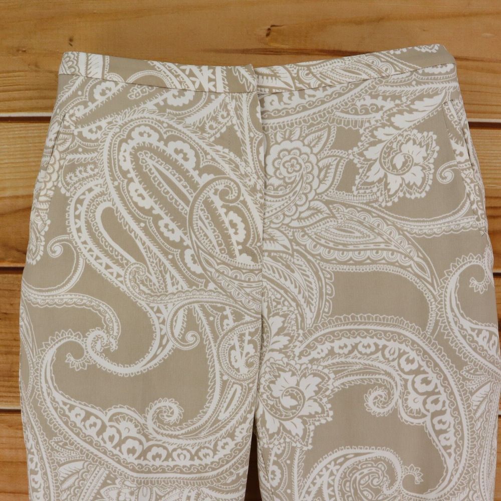 Susan Graver Pants Stretch Waist High Rise Womens 10 Beige White Paisley Pockets - Picture 4 of 7
